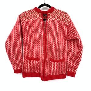 Lizwear Wool Cardigan Womens Small Red Nordic Knit Zip Front Vintage Sweater